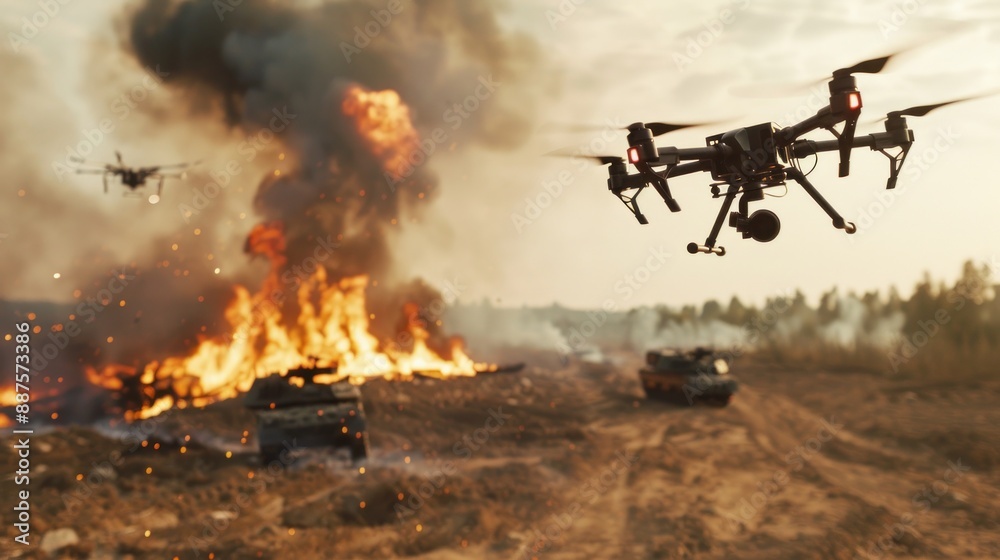 Drone captures fiery battleground with burning tanks.