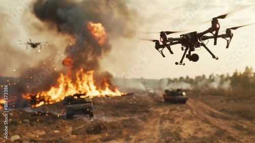 Obraz na płótnie Drone captures fiery battleground with burning tanks. w salonie