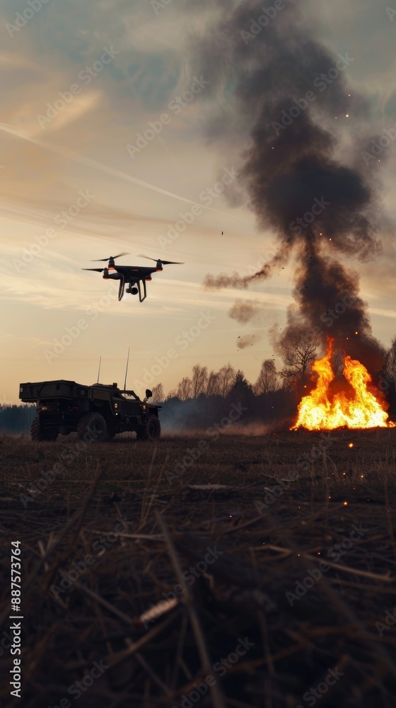 Obraz premium Drone flying over burning vehicle on a smoky battlefield