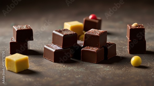 Chocolate cubes filled with marzipan, food advertisng. photo