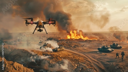 Drone oversees burning tanks on battlefield at sunset