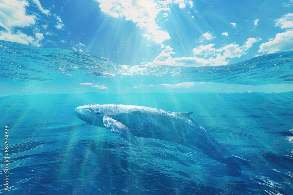 Fototapeta premium World oceans day. The blue whale swimming near a surface with a view of the blue sky.