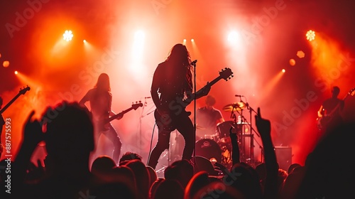 Close up of a music band performing on stage with festival tents and a dancing crowd in the background Stock Photo with copy space photo