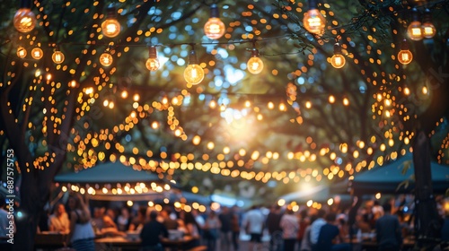 Festival tents surrounded by food stalls and a crowd of people dancing to the music of a live band Stock Photo with copy space