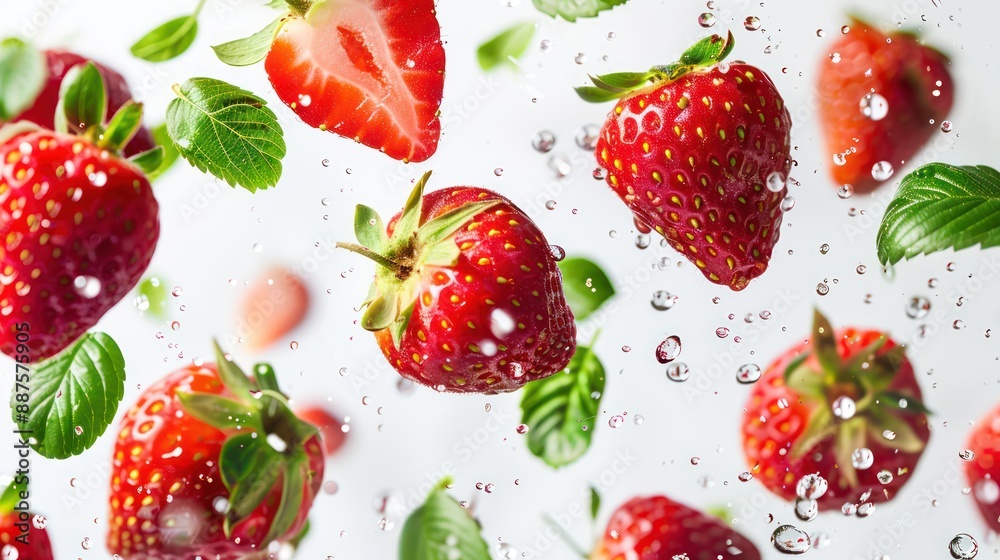 Strawberries and half slices suspended in the air Strawberries and half slices suspended in the air