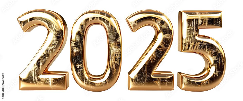 2025 in gold shaped 3D, isolated against transparent background. Happy new year concept 2025 in gold shaped 3D, isolated against transparent background. Happy new year concept