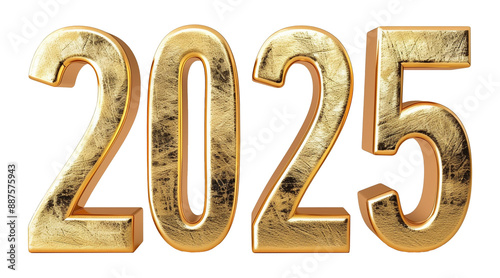 2025 in gold shaped 3D, isolated against transparent background. Happy new year concept