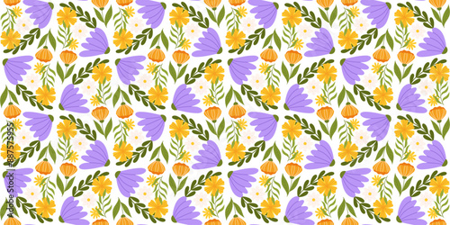 Continuous pattern featuring floral elements. Botanical-inspired recurring fabric or wallpaper design with yellow, orange, and large lilac flowers, assorted leaves.