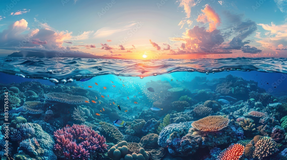 Obraz premium Underwater and above water view with coral reef marine life