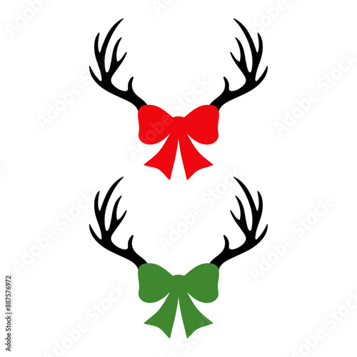 Tiempo de Navidad. Logo con silueta de astas de reno Rudolph con cinta y lazo de regalo para tarjetas y felicitaciones