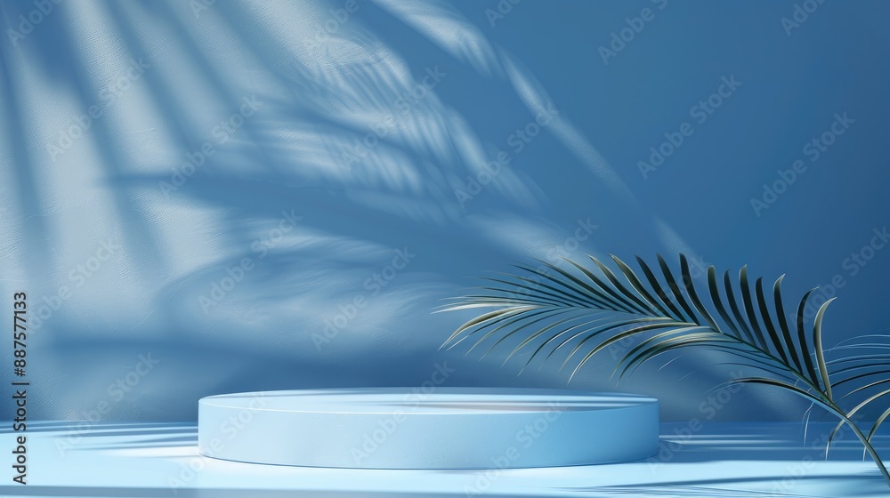 Blue abstract background with palm leaf shadows for cosmetics presentation on geometric podium Blue abstract background with palm leaf shadows for cosmetics presentation on geometric podium