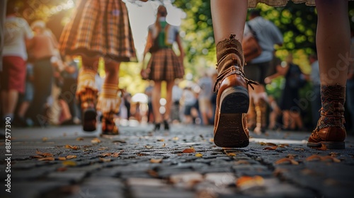 Dancers in traditional attire engaging in the energetic Schuhplattler dance, with intricate hand movements and synchronized steps showcasing Bavarian folk traditions Stock Photo with copy space photo