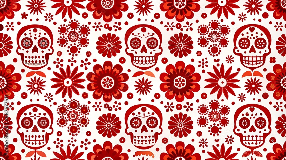 Mexican folk art vector seamless pattern with skulls, Halloween decor, flowers and abstract shapes, black and white textile design Mexican folk art vector seamless pattern with skulls, Halloween decor, flowers and abstract shapes, black and white textile design