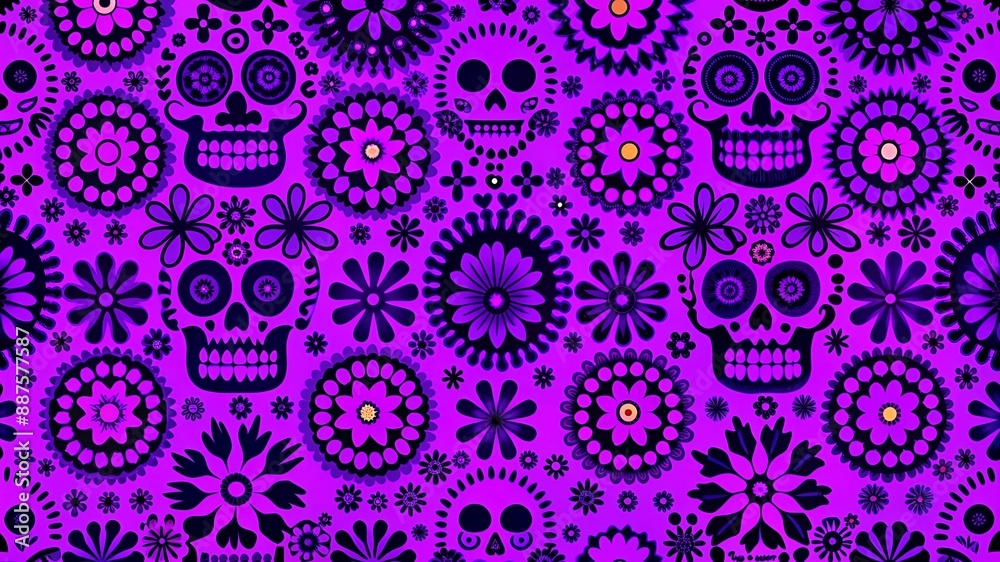 Mexican folk art vector seamless pattern with skulls, Halloween decor, flowers and abstract shapes, black and white textile design Mexican folk art vector seamless pattern with skulls, Halloween decor, flowers and abstract shapes, black and white textile design