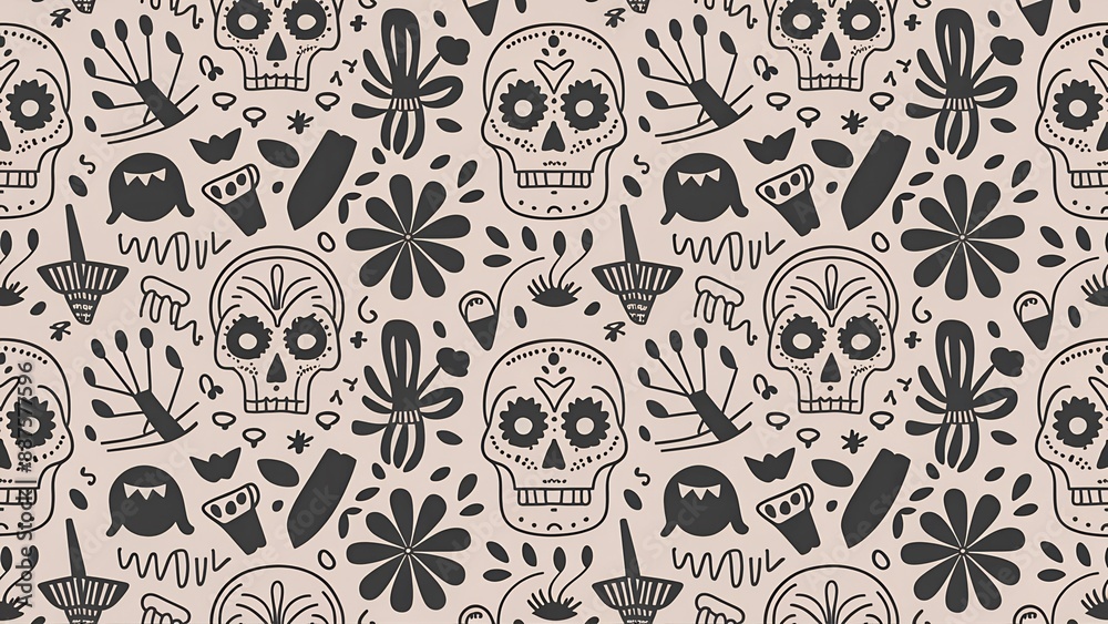 Fototapeta premium Mexican folk art vector seamless pattern with skulls, Halloween decor, flowers and abstract shapes, black and white textile design