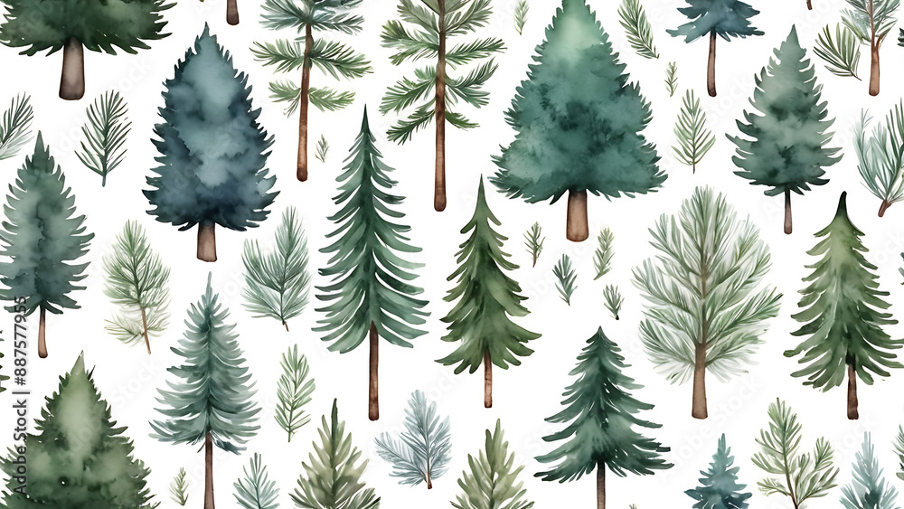 Obraz premium seamless pattern with watercolor pine trees and spruces hand drawn on white background