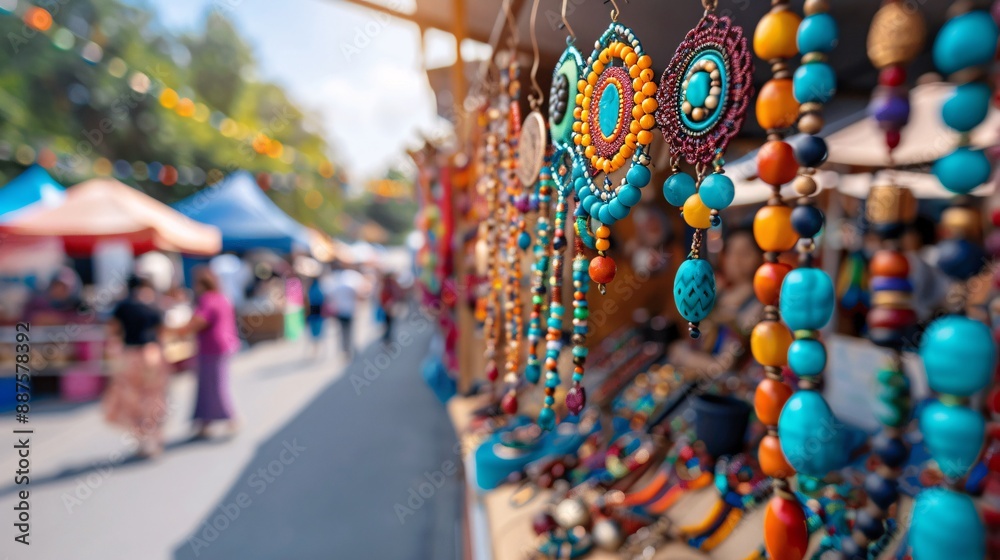 Obraz premium Visitors exploring a vibrant market examining intricately designed jewelry and accessories crafted by local artisans with the artist engaging customers in conversation Stock Photo with copy space