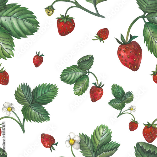 Watercolor seamless pattern of strawberries with leaves. Hand-drawn, isolated on a transparent background