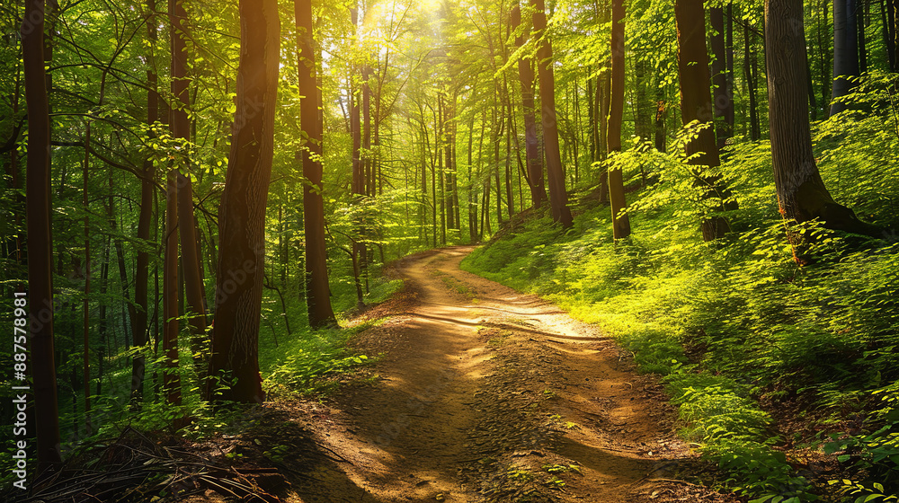 A beautiful path winds through a lush green forest, with sunlight filtering through the leaves, creating a dappled effect on the ground A beautiful path winds through a lush green forest, with sunlight filtering through the leaves, creating a dappled effect on the ground