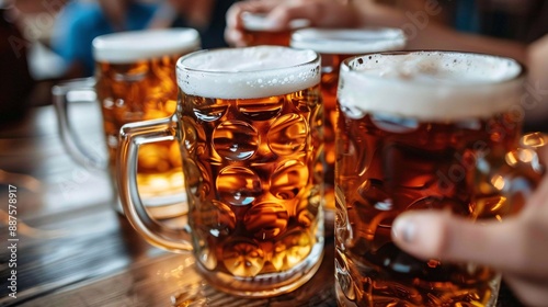 Urban setting in New York City USA featuring a multicultural audience raising beer mugs in a toast surrounded by food stalls offering bratwurst and sauerkraut at an Oktoberfest street fair Stock