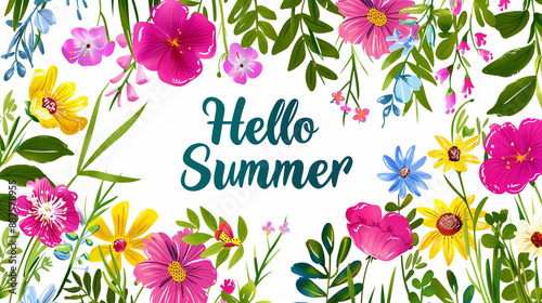 A beautiful floral design features vibrant blooms and lush greenery surrounding the text "Hello Summer" on a clean white background
