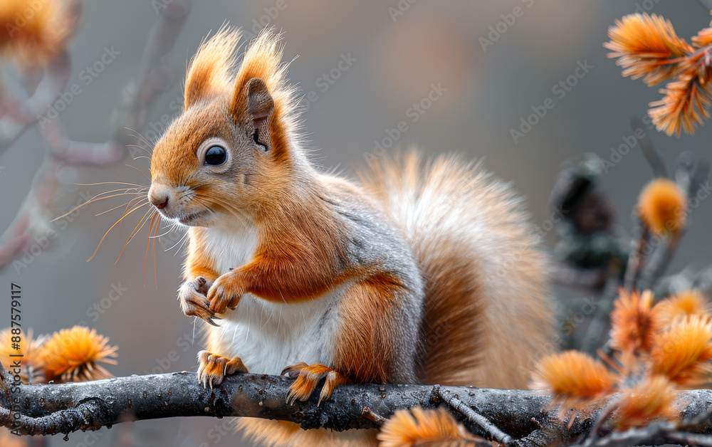 Fototapeta premium A squirrel is sitting on a branch with orange leaves. The squirrel is eating something.