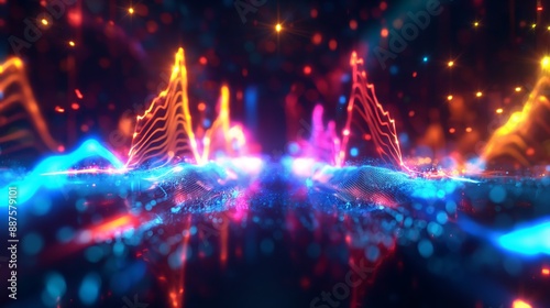 Geometric sound waves and bright neon colors against a dark background.