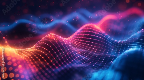 Geometric sound waves and bright neon colors against a dark background.
