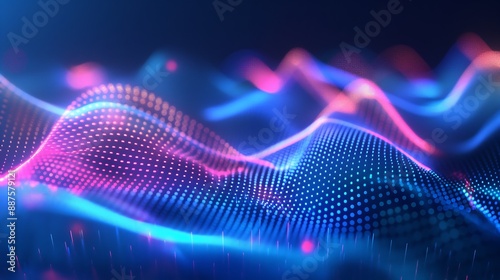 Geometric sound waves and bright neon colors against a dark background.