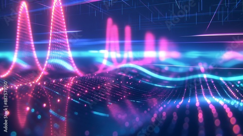 Geometric sound waves and bright neon colors against a dark background.