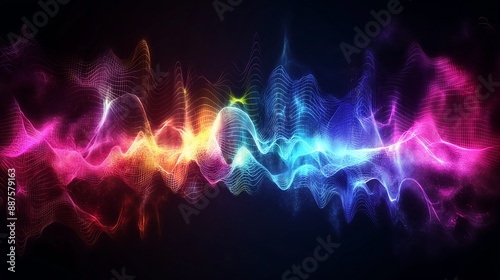 Geometric sound waves and bright neon colors against a dark background.