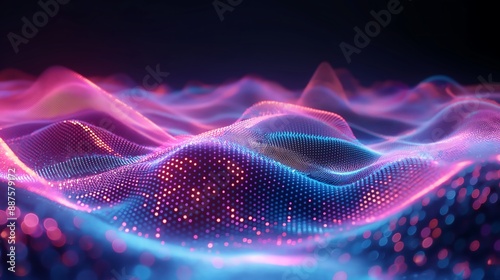 Geometric sound waves and bright neon colors against a dark background.