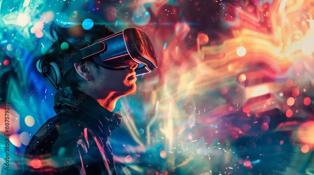 Virtual Reality Experience - A young man is wearing a virtual reality headset, immersing himself in the digital world, surrounded by vibrant neon lights and abstract shapes. Virtual Reality Experience - A young man is wearing a virtual reality headset, immersing himself in the digital world, surrounded by vibrant neon lights and abstract shapes.