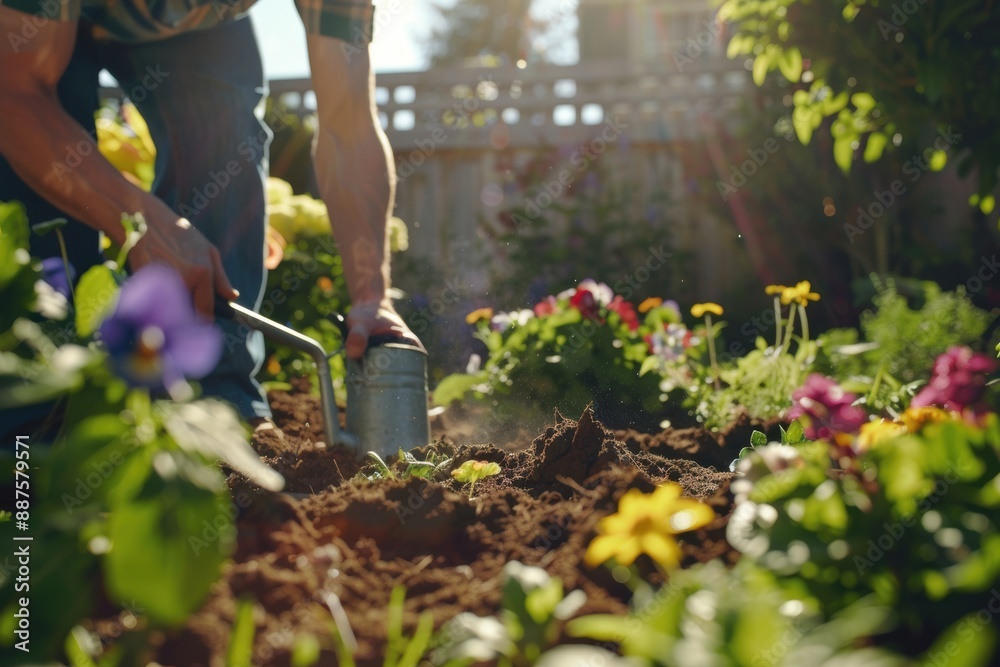 Fototapeta premium A bright, sunny backyard scene of a person planting flowers in a garden bed, with gardening tools