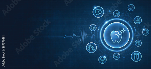 Dentistry icon set in line style. dental oral hygiene isolated on blue background. can be used in dentist clinic. medical health and dentistry concept. teeth dental character. vector design.