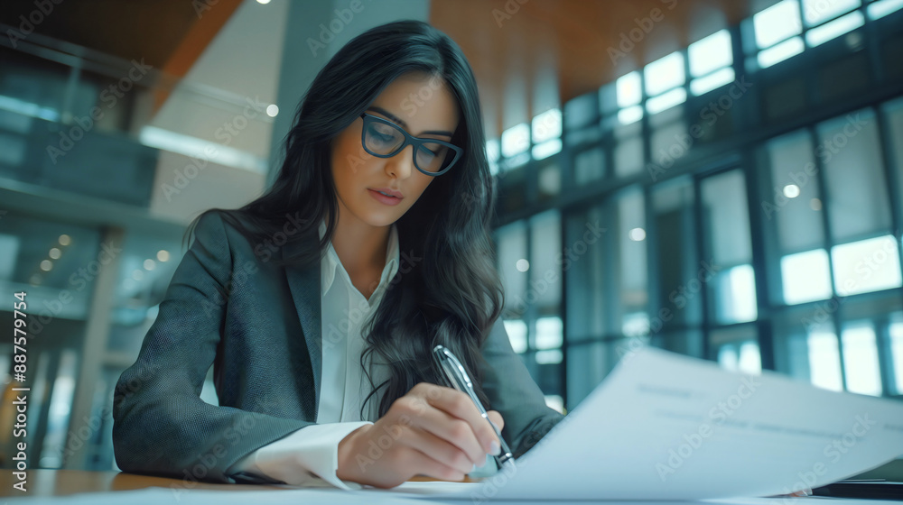 Portrait of a beautiful young businesswoman sitting in a modern office and writing signature to a white paper or document, dressed in a suit and wearing eyeglasses female entrepreneur or manager CEO Portrait of a beautiful young businesswoman sitting in a modern office and writing signature to a white paper or document, dressed in a suit and wearing eyeglasses female entrepreneur or manager CEO