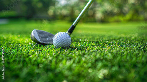 Obraz na płótnie A closeup captures a golf club poised to strike a golf ball resting on lush green grass w salonie