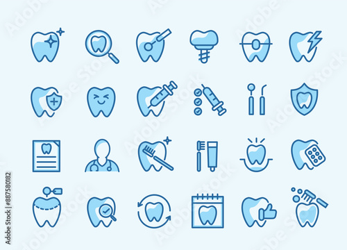 Dental icon set. containing tooth, dentist, toothpaste, toothbrush, teeth, implant and dentistry icons. can be used in children dentist clinic. medical health and dentistry concept.