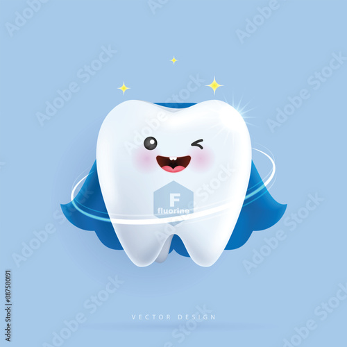 Fluoride shield prevents tooth decay and helps strengthen gums. tooth character for kids. cute dentist mascot for medical apps, websites and hospital. vector design.
