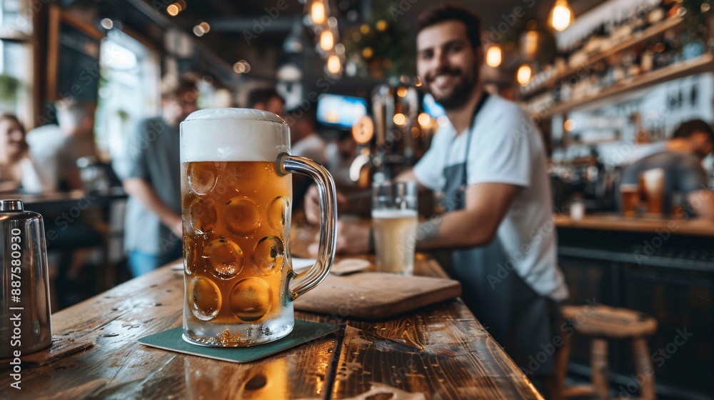 Bartender serving frothy beer in large mugs at a bustling Bavarian beer hall bar with patrons chatting and laughing in the background Stock Photo with copy space Bartender serving frothy beer in large mugs at a bustling Bavarian beer hall bar with patrons chatting and laughing in the background Stock Photo with copy space
