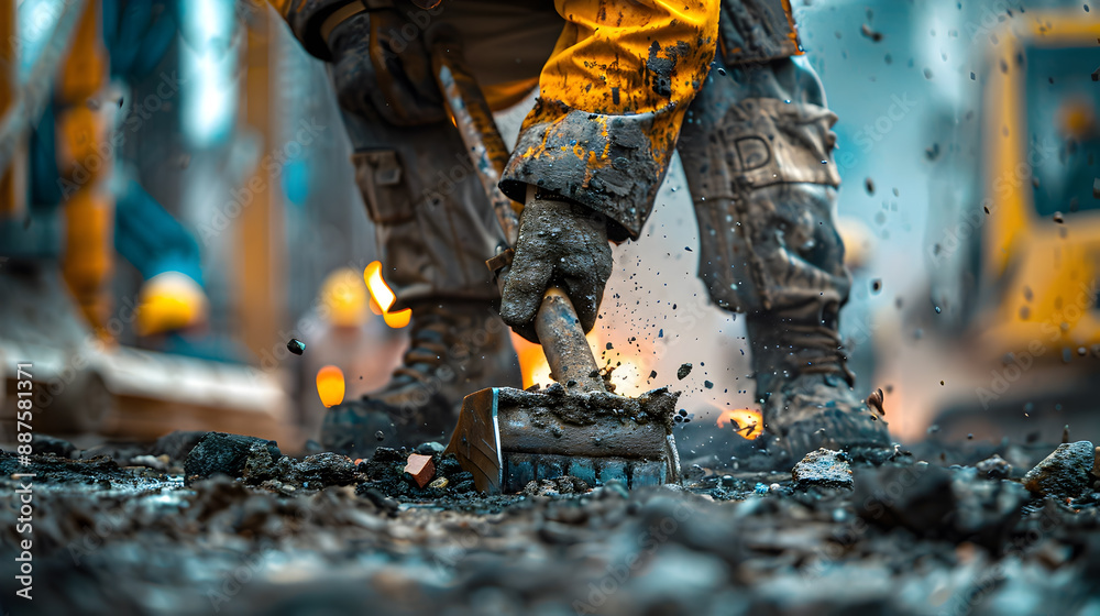 Closeup Portrait of a Rugged Construction Worker Operating a Powerful Jackhammer Intense Focus and Physical Exertion Visible Amidst the Industrial Grit of an Urban Construction Site Closeup Portrait of a Rugged Construction Worker Operating a Powerful Jackhammer Intense Focus and Physical Exertion Visible Amidst the Industrial Grit of an Urban Construction Site