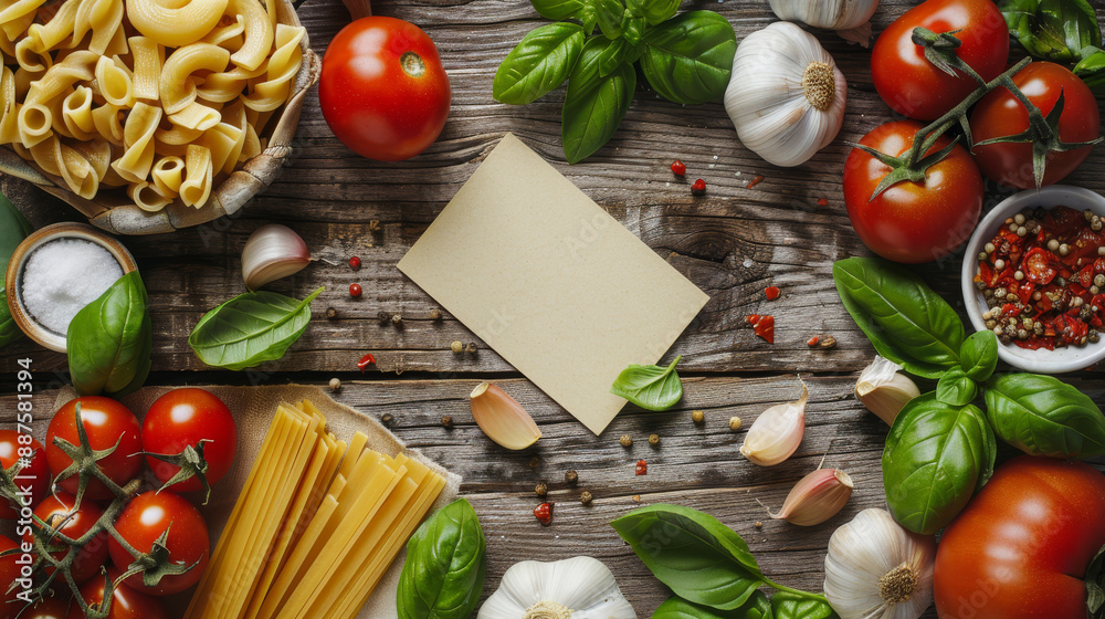 Fresh Italian ingredients featuring tomatoes, pasta, basil, and Parmesan cheese arranged on a white background. Perfect for culinary themes. Fresh Italian ingredients featuring tomatoes, pasta, basil, and Parmesan cheese arranged on a white background. Perfect for culinary themes.