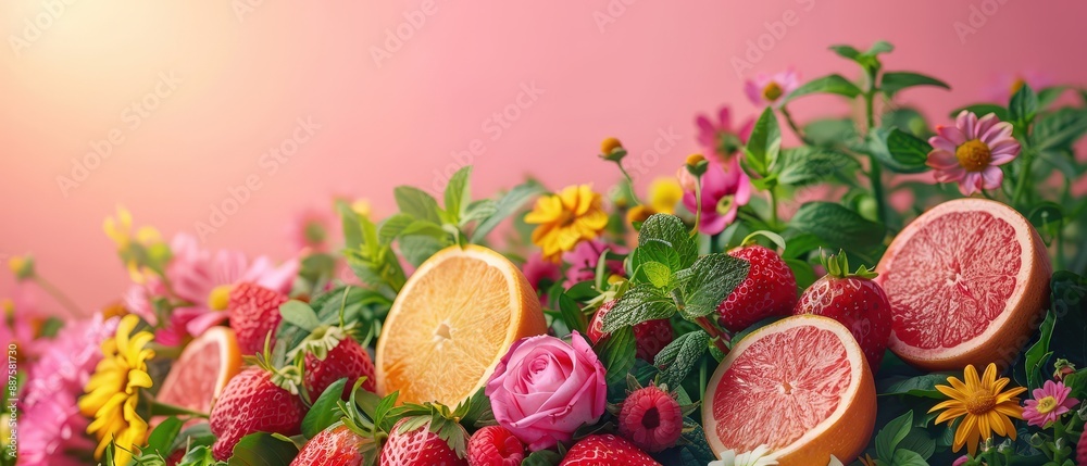 Non-toxic wind turbines with fresh food, medium shot, vibrant background, space for text, renewable energy symbols