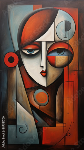 Abstract cubist or cubism style painting with a woman face and geometric shapes in red, blue, and white tones, circular and linear elements