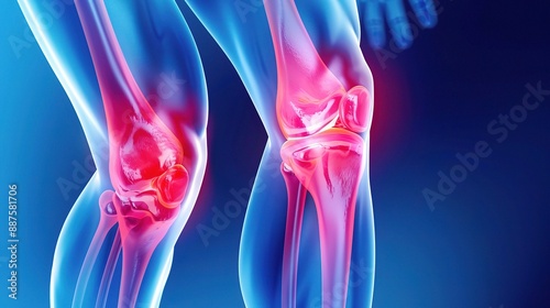 Illustration of a knee joint affected by osteoarthritis, highlighting the medical condition and the importance of treatment and care