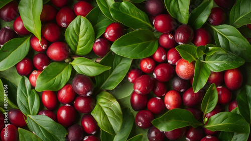 Fresh red cranberries scattered among green leaves creating a beautiful and natural pattern. Perfect for food and nature themes. © Sunday Cat Studio