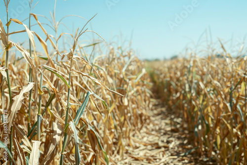 Parched crops in a drought-stricken field under the sun, showing dry soil and wilted plants. Impact of climate change and water scarcity.