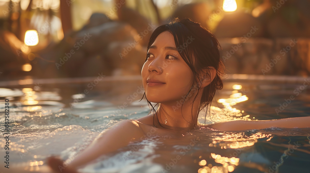 A portrait of a beautiful young Japanese woman relaxing in a hot tub at a serene spa resort A portrait of a beautiful young Japanese woman relaxing in a hot tub at a serene spa resort