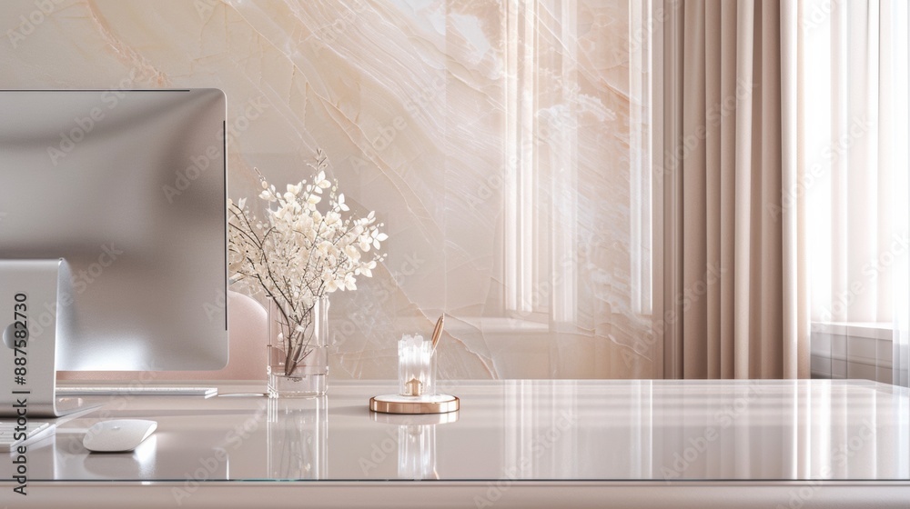 Elegant Professional Modern Office Desk with Glass Computer and Sleek Transparent Elements in Bright Daylight Setting Elegant Professional Modern Office Desk with Glass Computer and Sleek Transparent Elements in Bright Daylight Setting