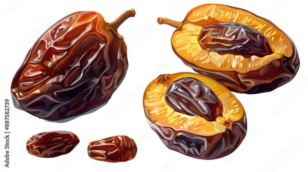 Obraz premium High-quality illustration of dried prunes and halved prunes, perfect for culinary, nutrition, or food-related content.